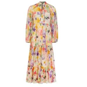 La Fuori Eden Cascade Silk Chiffon Tiered Maxi Dress Large Floral Watercolor